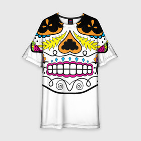 Детское платье 3D с принтом Мексиканский череп - Skull в Тюмени, 100% полиэстер | прямой силуэт, чуть расширенный к низу. Круглая горловина, на рукавах — воланы | calavera | day of the dead | dia de los muertos | halloween | skull | sugar skull | готика | день мертвых | колдовство | мексиканский череп | мистика | подарок | сахарный череп | цветы | череп