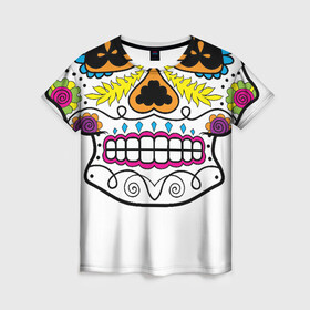 Женская футболка 3D с принтом Мексиканский череп - Skull в Тюмени, 100% полиэфир ( синтетическое хлопкоподобное полотно) | прямой крой, круглый вырез горловины, длина до линии бедер | calavera | day of the dead | dia de los muertos | halloween | skull | sugar skull | готика | день мертвых | колдовство | мексиканский череп | мистика | подарок | сахарный череп | цветы | череп