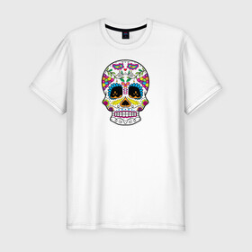 Мужская футболка хлопок Slim с принтом Мексиканский череп - Skull в Тюмени, 92% хлопок, 8% лайкра | приталенный силуэт, круглый вырез ворота, длина до линии бедра, короткий рукав | calavera | day of the dead | dia de los muertos | halloween | skull | sugar skull | готика | день мертвых | колдовство | мексиканский череп | мистика | подарок | сахарный череп | цветы | череп
