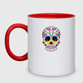 Кружка двухцветная с принтом Мексиканский череп - Skull в Тюмени, керамика | объем — 330 мл, диаметр — 80 мм. Цветная ручка и кайма сверху, в некоторых цветах — вся внутренняя часть | Тематика изображения на принте: calavera | day of the dead | dia de los muertos | halloween | skull | sugar skull | готика | день мертвых | колдовство | мексиканский череп | мистика | подарок | сахарный череп | цветы | череп