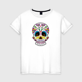 Женская футболка хлопок с принтом Мексиканский череп - Skull в Тюмени, 100% хлопок | прямой крой, круглый вырез горловины, длина до линии бедер, слегка спущенное плечо | calavera | day of the dead | dia de los muertos | halloween | skull | sugar skull | готика | день мертвых | колдовство | мексиканский череп | мистика | подарок | сахарный череп | цветы | череп