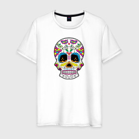 Мужская футболка хлопок с принтом Мексиканский череп - Skull в Тюмени, 100% хлопок | прямой крой, круглый вырез горловины, длина до линии бедер, слегка спущенное плечо. | calavera | day of the dead | dia de los muertos | halloween | skull | sugar skull | готика | день мертвых | колдовство | мексиканский череп | мистика | подарок | сахарный череп | цветы | череп