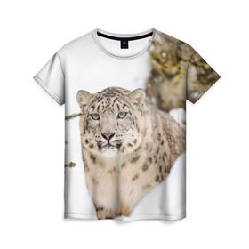 Женская футболка 3D с принтом Ирбис в Тюмени, 100% полиэфир ( синтетическое хлопкоподобное полотно) | прямой крой, круглый вырез горловины, длина до линии бедер | snow leopard | барс | барсы | животное | животные | звери | зверь | зима | зимы | ирбис | киски | кот | коты | кошачьи | кошка | кошки | мохнатые | мохнатый | пятнистые | пятнистый | снег | снежный