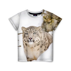 Детская футболка 3D с принтом Ирбис в Тюмени, 100% гипоаллергенный полиэфир | прямой крой, круглый вырез горловины, длина до линии бедер, чуть спущенное плечо, ткань немного тянется | snow leopard | барс | барсы | животное | животные | звери | зверь | зима | зимы | ирбис | киски | кот | коты | кошачьи | кошка | кошки | мохнатые | мохнатый | пятнистые | пятнистый | снег | снежный
