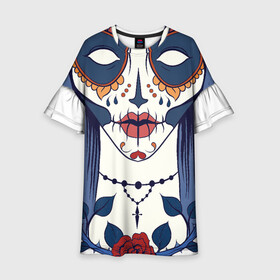 Детское платье 3D с принтом Мексиканский сахарный череп в Тюмени, 100% полиэстер | прямой силуэт, чуть расширенный к низу. Круглая горловина, на рукавах — воланы | day of the dead | dia de los muertos | gothic | halloween | skull | sugar skull | готика | день мертвых | женский череп | мексиканский череп | мистика | подарок | сахарный череп | хэллоуин