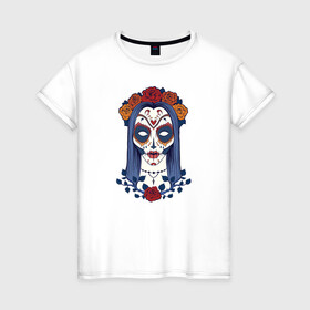 Женская футболка хлопок с принтом Мексиканский сахарный череп в Тюмени, 100% хлопок | прямой крой, круглый вырез горловины, длина до линии бедер, слегка спущенное плечо | day of the dead | dia de los muertos | gothic | halloween | skull | sugar skull | готика | день мертвых | женский череп | мексиканский череп | мистика | подарок | сахарный череп | хэллоуин