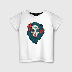 Детская футболка хлопок с принтом Мексиканский сахарный череп в Тюмени, 100% хлопок | круглый вырез горловины, полуприлегающий силуэт, длина до линии бедер | day of the dead | dia de los muertos | gothic | halloween | skull | sugar skull | готика | день мертвых | женский череп | мексиканский череп | мистика | подарок | сахарный череп | хэллоуин