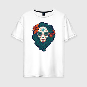 Женская футболка хлопок Oversize с принтом Мексиканский сахарный череп в Тюмени, 100% хлопок | свободный крой, круглый ворот, спущенный рукав, длина до линии бедер
 | day of the dead | dia de los muertos | gothic | halloween | skull | sugar skull | готика | день мертвых | женский череп | мексиканский череп | мистика | подарок | сахарный череп | хэллоуин