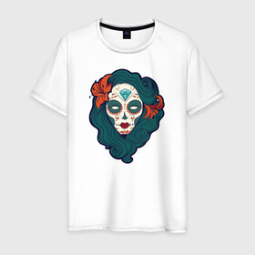 Мужская футболка хлопок с принтом Мексиканский сахарный череп в Тюмени, 100% хлопок | прямой крой, круглый вырез горловины, длина до линии бедер, слегка спущенное плечо. | day of the dead | dia de los muertos | gothic | halloween | skull | sugar skull | готика | день мертвых | женский череп | мексиканский череп | мистика | подарок | сахарный череп | хэллоуин