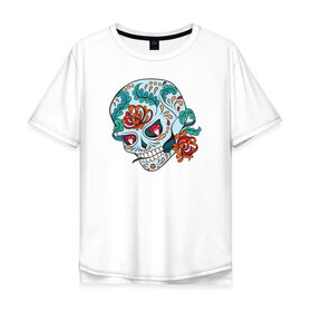 Мужская футболка хлопок Oversize с принтом Череп с цветами в Тюмени, 100% хлопок | свободный крой, круглый ворот, “спинка” длиннее передней части | 8 марта | day of the dead | gothic | halloween | skull | sugar skull | день мертвых | женский череп | мексиканский череп | новый год | подарок | сахарный череп | хэллоуин | человек | череп девушки