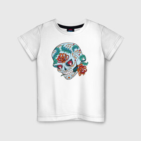 Детская футболка хлопок с принтом Череп с цветами в Тюмени, 100% хлопок | круглый вырез горловины, полуприлегающий силуэт, длина до линии бедер | 8 марта | day of the dead | gothic | halloween | skull | sugar skull | день мертвых | женский череп | мексиканский череп | новый год | подарок | сахарный череп | хэллоуин | человек | череп девушки
