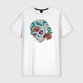 Мужская футболка хлопок Slim с принтом Череп с цветами в Тюмени, 92% хлопок, 8% лайкра | приталенный силуэт, круглый вырез ворота, длина до линии бедра, короткий рукав | 8 марта | day of the dead | gothic | halloween | skull | sugar skull | день мертвых | женский череп | мексиканский череп | новый год | подарок | сахарный череп | хэллоуин | человек | череп девушки
