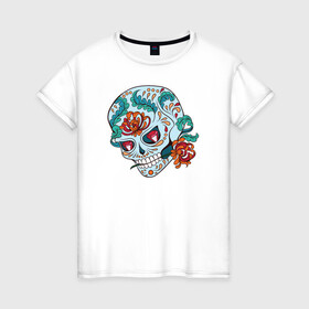 Женская футболка хлопок с принтом Череп с цветами в Тюмени, 100% хлопок | прямой крой, круглый вырез горловины, длина до линии бедер, слегка спущенное плечо | 8 марта | day of the dead | gothic | halloween | skull | sugar skull | день мертвых | женский череп | мексиканский череп | новый год | подарок | сахарный череп | хэллоуин | человек | череп девушки