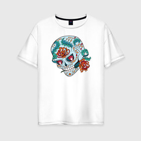 Женская футболка хлопок Oversize с принтом Череп с цветами в Тюмени, 100% хлопок | свободный крой, круглый ворот, спущенный рукав, длина до линии бедер
 | 8 марта | day of the dead | gothic | halloween | skull | sugar skull | день мертвых | женский череп | мексиканский череп | новый год | подарок | сахарный череп | хэллоуин | человек | череп девушки