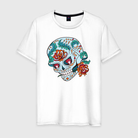 Мужская футболка хлопок с принтом Череп с цветами в Тюмени, 100% хлопок | прямой крой, круглый вырез горловины, длина до линии бедер, слегка спущенное плечо. | 8 марта | day of the dead | gothic | halloween | skull | sugar skull | день мертвых | женский череп | мексиканский череп | новый год | подарок | сахарный череп | хэллоуин | человек | череп девушки