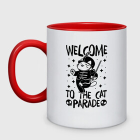 Кружка двухцветная с принтом Welcome to the cat parade в Тюмени, керамика | объем — 330 мл, диаметр — 80 мм. Цветная ручка и кайма сверху, в некоторых цветах — вся внутренняя часть | gerard way | mcr | my chemical romance | альтернативный | группа | джерард уэй | май кемикал романс | мкр | мой химический роман | мхр | мцр | панк | поп | поппанк | рок | рэй торо