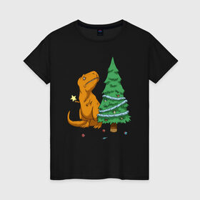 Женская футболка хлопок с принтом T-REX-mas в Тюмени, 100% хлопок | прямой крой, круглый вырез горловины, длина до линии бедер, слегка спущенное плечо | 2020 | new year | new year 2020 | t rex | новый год | новый год 2020