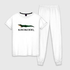 Женская пижама хлопок с принтом KROKODIL а не crocodile! в Тюмени, 100% хлопок | брюки и футболка прямого кроя, без карманов, на брюках мягкая резинка на поясе и по низу штанин | krokodil | lacoste | антибренд | антибрэнд | бренд | брэнд | крокодил | лакост | лакоста | мода | фирма