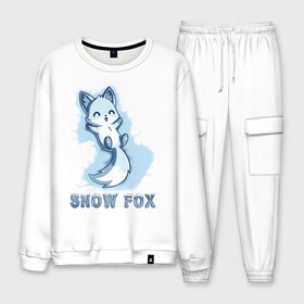 Мужской костюм хлопок с принтом Snow fox в Тюмени, 100% хлопок | на свитшоте круглая горловина, мягкая резинка по низу. Брюки заужены к низу, на них два вида карманов: два “обычных” по бокам и два объемных, с клапанами, расположенные ниже линии бедра. Брюки с мягкой трикотажной резинкой на поясе и по низу штанин. В поясе для дополнительного комфорта — широкие завязки | fox | snow | лис | лиса | лисёнок | лисичка | снег