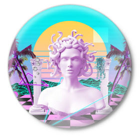 Значок с принтом Медуза Горгона в Тюмени,  металл | круглая форма, металлическая застежка в виде булавки | vaporwave | медуза горгона | неон | пальмы | скульптура | существо
