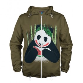 Мужская ветровка 3D с принтом Panda в Тюмени, 100% полиэстер | подол и капюшон оформлены резинкой с фиксаторами, два кармана без застежек по бокам, один потайной карман на груди | animal | арбуз | бамбук | животное | панда