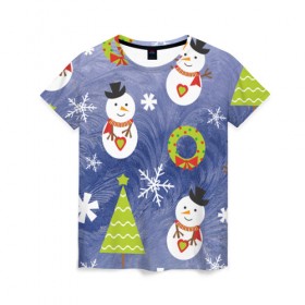 Женская футболка 3D с принтом Снеговики и ёлочки в Тюмени, 100% полиэфир ( синтетическое хлопкоподобное полотно) | прямой крой, круглый вырез горловины, длина до линии бедер | 2020 | christmas | happy | merry | new year | в подарок | детский | елки | милый | новый год | поздравить | рождество | с новым годом | с рождеством | снеговик | снеговики | снежинки