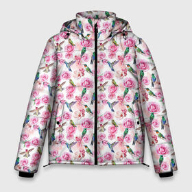 Мужская зимняя куртка 3D с принтом Колибри на розах в Тюмени, верх — 100% полиэстер; подкладка — 100% полиэстер; утеплитель — 100% полиэстер | длина ниже бедра, свободный силуэт Оверсайз. Есть воротник-стойка, отстегивающийся капюшон и ветрозащитная планка. 

Боковые карманы с листочкой на кнопках и внутренний карман на молнии. | Тематика изображения на принте: bird | birds | flower | flowers | hummingbird | nature | rose | roses | колибри | природа | птица | птицы | роза | розы | цветок | цветы