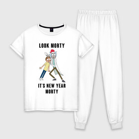 Женская пижама хлопок с принтом LOOK MORTY ITS NEW YEAR MORTY в Тюмени, 100% хлопок | брюки и футболка прямого кроя, без карманов, на брюках мягкая резинка на поясе и по низу штанин | cn_1970499_019061 | rick and morty | мультсериал | новый год | рик и морти | рождество