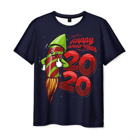 Мужская футболка 3D с принтом Happy New Year 2020 в Тюмени, 100% полиэфир | прямой крой, круглый вырез горловины, длина до линии бедер | christmas | claus | jingle | merry | santa | елка | клаус | куранты | мишура | мороз | олени | подарки | праздник | ракета | рождество | салют | санта | снеговик | снежинки | сочельник