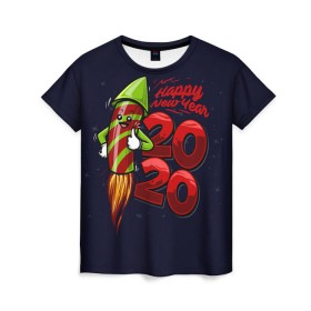 Женская футболка 3D с принтом Happy New Year 2020 в Тюмени, 100% полиэфир ( синтетическое хлопкоподобное полотно) | прямой крой, круглый вырез горловины, длина до линии бедер | christmas | claus | jingle | merry | santa | елка | клаус | куранты | мишура | мороз | олени | подарки | праздник | ракета | рождество | салют | санта | снеговик | снежинки | сочельник