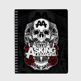 Тетрадь с принтом Asking Alexandria в Тюмени, 100% бумага | 48 листов, плотность листов — 60 г/м2, плотность картонной обложки — 250 г/м2. Листы скреплены сбоку удобной пружинной спиралью. Уголки страниц и обложки скругленные. Цвет линий — светло-серый
 | asking alexandria | аскинг александриа | группы | метал | музыка | рок | хэви метал | электроникор