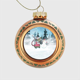 Стеклянный ёлочный шар с принтом Мышка лепит снеговика в Тюмени, Стекло | Диаметр: 80 мм | 
