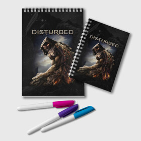 Блокнот с принтом Disturbed в Тюмени, 100% бумага | 48 листов, плотность листов — 60 г/м2, плотность картонной обложки — 250 г/м2. Листы скреплены удобной пружинной спиралью. Цвет линий — светло-серый
 | Тематика изображения на принте: asylum | disturbed | heavy metal | immortalized | the guy | the lost children | группы | метал | рок