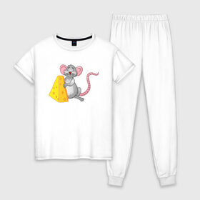 Женская пижама хлопок с принтом Мышка с сыром в Тюмени, 100% хлопок | брюки и футболка прямого кроя, без карманов, на брюках мягкая резинка на поясе и по низу штанин | 