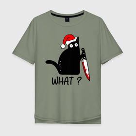 Мужская футболка хлопок Oversize с принтом Новогодний кот с ножом  в Тюмени, 100% хлопок | свободный крой, круглый ворот, “спинка” длиннее передней части | cat | kitten | knife | what | дед мороз | кетчуп | кот | котёнок | кошка | кровь | новы год | нож | рождество | что | шапка