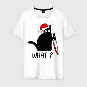 Мужская футболка хлопок с принтом Новогодний кот с ножом в Тюмени, 100% хлопок | прямой крой, круглый вырез горловины, длина до линии бедер, слегка спущенное плечо. | cat | kitten | knife | what | дед мороз | кетчуп | кот | котёнок | кошка | кровь | новы год | нож | рождество | что | шапка