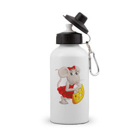 Бутылка спортивная с принтом Милая мышка с сыром в Тюмени, металл | емкость — 500 мл, в комплекте две пластиковые крышки и карабин для крепления | Тематика изображения на принте: 