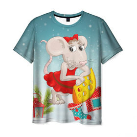 Мужская футболка 3D с принтом Милая мышка с сыром в Тюмени, 100% полиэфир | прямой крой, круглый вырез горловины, длина до линии бедер | 2020 | mouse | rat | годкрысы | годмыши | зима | зимняя | крыса | мороз | мышка | мышь | новогодняя | новый год | новый год 2020 | рождество | симолгода | снег | холод