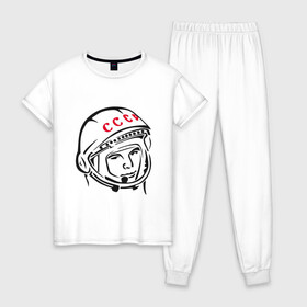 Женская пижама хлопок с принтом футболка ссср Гагарин в Тюмени, 100% хлопок | брюки и футболка прямого кроя, без карманов, на брюках мягкая резинка на поясе и по низу штанин | гагарин | космос | ракета | ссср