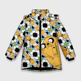 Зимняя куртка для девочек 3D с принтом Jake Adventure Time в Тюмени, ткань верха — 100% полиэстер; подклад — 100% полиэстер, утеплитель — 100% полиэстер. | длина ниже бедра, удлиненная спинка, воротник стойка и отстегивающийся капюшон. Есть боковые карманы с листочкой на кнопках, утяжки по низу изделия и внутренний карман на молнии. 

Предусмотрены светоотражающий принт на спинке, радужный светоотражающий элемент на пуллере молнии и на резинке для утяжки. | adventure time | dsgnosadchaya | vdosadir | время приключений | джейк | пендлтон уорд | финн