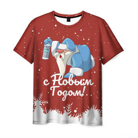 Мужская футболка 3D с принтом Пьяный Дед Мороз в Тюмени, 100% полиэфир | прямой крой, круглый вырез горловины, длина до линии бедер | Тематика изображения на принте: 