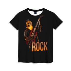 Женская футболка 3D с принтом rock в Тюмени, 100% полиэфир ( синтетическое хлопкоподобное полотно) | прямой крой, круглый вырез горловины, длина до линии бедер | rock | skull | гитара | огонь | рок | скелет | череп