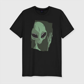 Мужская футболка хлопок Slim с принтом Пришелец в Тюмени, 92% хлопок, 8% лайкра | приталенный силуэт, круглый вырез ворота, длина до линии бедра, короткий рукав | alien | ufo | инопланетяне | инопланетянин | нло | пришелец | пришельцы