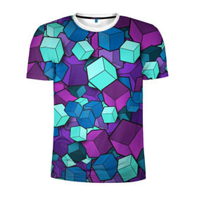 Мужская футболка 3D спортивная с принтом Кубы в Тюмени, 100% полиэстер с улучшенными характеристиками | приталенный силуэт, круглая горловина, широкие плечи, сужается к линии бедра | абстрактно | абстрактные | абстрактный | абстрактным | абстракция | кубики | кубические | кубический | кубическое | кубы | неон | неонка | неоновые | разноцветные | светящиеся | цветное | цветные