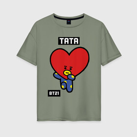 Женская футболка хлопок Oversize с принтом TATA BT21 в Тюмени, 100% хлопок | свободный крой, круглый ворот, спущенный рукав, длина до линии бедер
 | Тематика изображения на принте: bt21 | bts | chimmy | cooky | koya | love yourself. | mang | rj | shooky | tata | бт21 | бтс