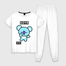 Женская пижама хлопок с принтом KOYA BT21 в Тюмени, 100% хлопок | брюки и футболка прямого кроя, без карманов, на брюках мягкая резинка на поясе и по низу штанин | bt21 | bts | chimmy | cooky | koya | love yourself. | mang | rj | shooky | tata | бт21 | бтс