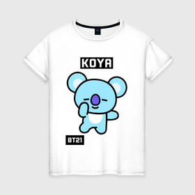 Женская футболка хлопок с принтом KOYA BT21 в Тюмени, 100% хлопок | прямой крой, круглый вырез горловины, длина до линии бедер, слегка спущенное плечо | bt21 | bts | chimmy | cooky | koya | love yourself. | mang | rj | shooky | tata | бт21 | бтс