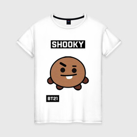 Женская футболка хлопок с принтом SHOOKY BT21 в Тюмени, 100% хлопок | прямой крой, круглый вырез горловины, длина до линии бедер, слегка спущенное плечо | bt21 | bts | chimmy | cooky | koya | love yourself. | mang | rj | shooky | tata | бт21 | бтс
