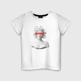 Детская футболка хлопок с принтом Медуза Горгона в Тюмени, 100% хлопок | круглый вырез горловины, полуприлегающий силуэт, длина до линии бедер | девушка | медуза горгона | миф | полосы | скульптура | стиль