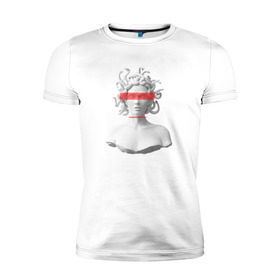 Мужская футболка премиум с принтом Медуза Горгона в Тюмени, 92% хлопок, 8% лайкра | приталенный силуэт, круглый вырез ворота, длина до линии бедра, короткий рукав | девушка | медуза горгона | миф | полосы | скульптура | стиль